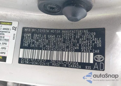 2009 Toyota Corolla Base from USA, damaged, VIN 2T1BU40E49C186502